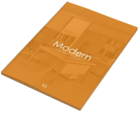 Ikona katalogu marki Modern - broszura z napisem i zarysem mebli biurowych.